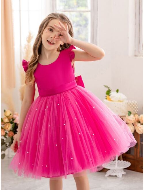 Shein Young girl flutter sleeve mesh dress princess dress suitable for birthday party dance party casual daily musical instrument concert stage performance costume dress