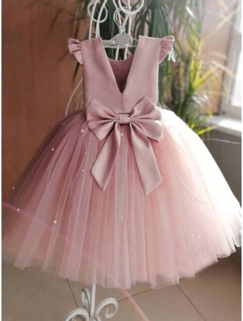 Shein Young girl flutter sleeve mesh dress princess dress suitable for birthday party dance party casual daily musical instrument concert stage performance costume dress