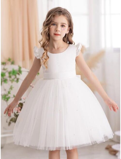 Shein Young girl flutter sleeve mesh dress princess dress suitable for birthday party dance party casual daily musical instrument concert stage performance costume dress