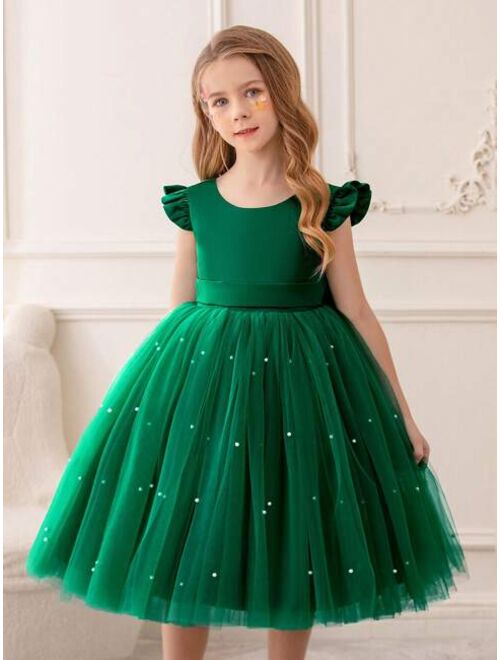 Shein Young girl flutter sleeve mesh dress princess dress suitable for birthday party dance party casual daily musical instrument concert stage performance costume dress