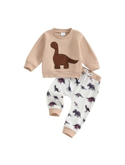 Amiblvowa Baby Boys Dino Two Piece Outfit Cartoon Dinosaur Pullover Sweatshirt Drawstring Pants Cute Fall Winter Clothes Set