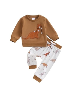 Amiblvowa Baby Boys Dino Two Piece Outfit Cartoon Dinosaur Pullover Sweatshirt Drawstring Pants Cute Fall Winter Clothes Set