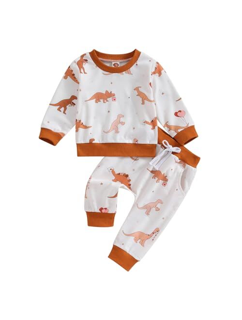 Amiblvowa Baby Boys Dino Two Piece Outfit Cartoon Dinosaur Pullover Sweatshirt Drawstring Pants Cute Fall Winter Clothes Set