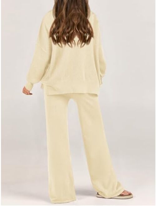 Haloumoning Girls 2 Piece Outfits Kids Long Sleeve Crewneck Sweater Drawstring Wide Leg Long Pants Sweatsuits Sets 5-14T