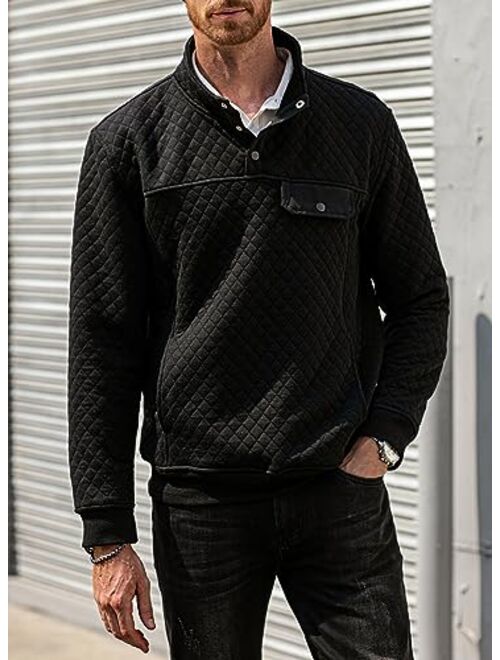 JMIERR Men's Quilted Sweatshirt Casual Long Sleeve Outdoor Stand Collar Button Pullover Sweatshirts