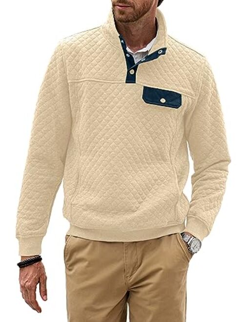 JMIERR Men's Quilted Sweatshirt Casual Long Sleeve Outdoor Stand Collar Button Pullover Sweatshirts