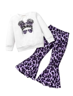 KIDLAGA Toddler Girl Clothes Figure Graphic Drop Shoulder Top Pullover Leopard Print Pants Spring Outfit Set