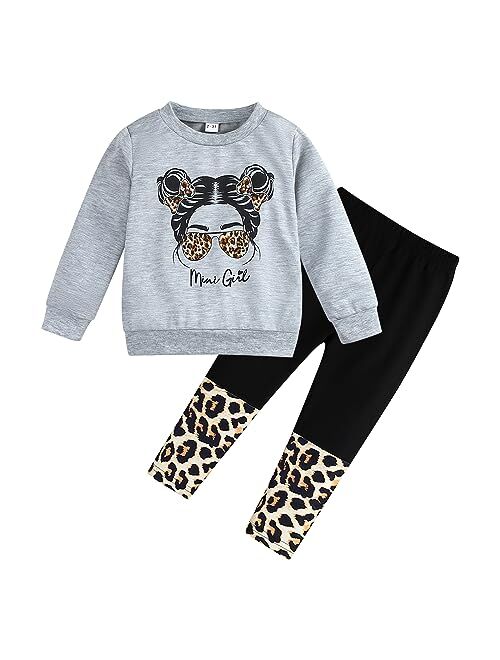 KIDLAGA Toddler Girl Clothes Figure Graphic Drop Shoulder Top Pullover Leopard Print Pants Spring Outfit Set