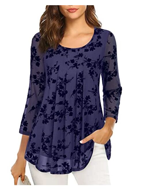 VALOLIA Women's 3/4 Sleeve Tunic Tops Casual Loose Fit Floral Blouses Mesh Pleated Layered Shirt