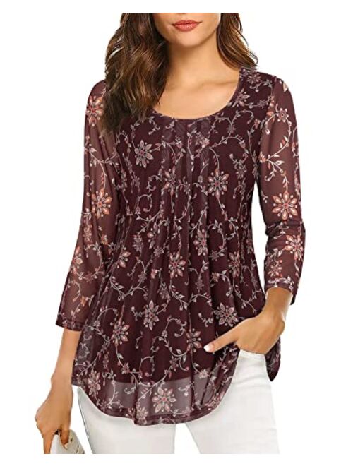 VALOLIA Women's 3/4 Sleeve Tunic Tops Casual Loose Fit Floral Blouses Mesh Pleated Layered Shirt