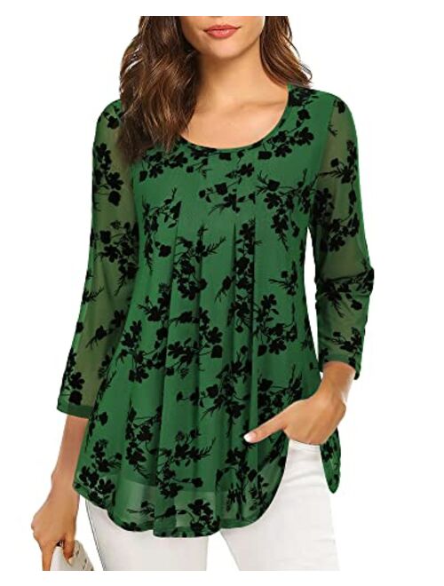 VALOLIA Women's 3/4 Sleeve Tunic Tops Casual Loose Fit Floral Blouses Mesh Pleated Layered Shirt