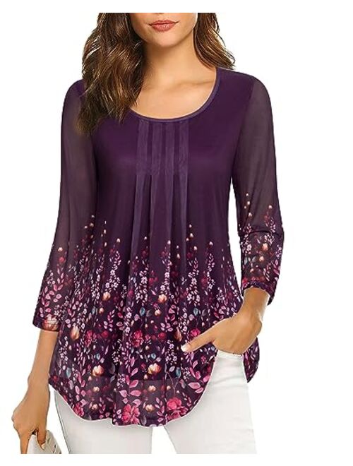 VALOLIA Women's 3/4 Sleeve Tunic Tops Casual Loose Fit Floral Blouses Mesh Pleated Layered Shirt