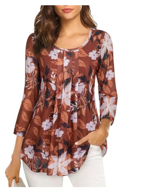 VALOLIA Women's 3/4 Sleeve Tunic Tops Casual Loose Fit Floral Blouses Mesh Pleated Layered Shirt