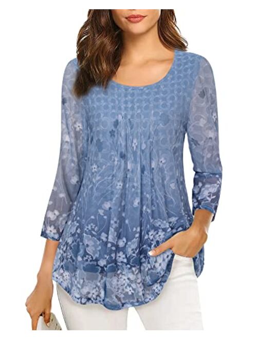 VALOLIA Women's 3/4 Sleeve Tunic Tops Casual Loose Fit Floral Blouses Mesh Pleated Layered Shirt