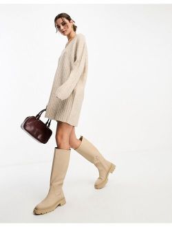 knitted sweater mini dress with v neck in oatmeal