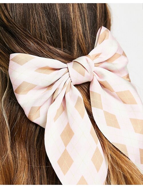 My Accessories London bow hair clip in pink plaid check