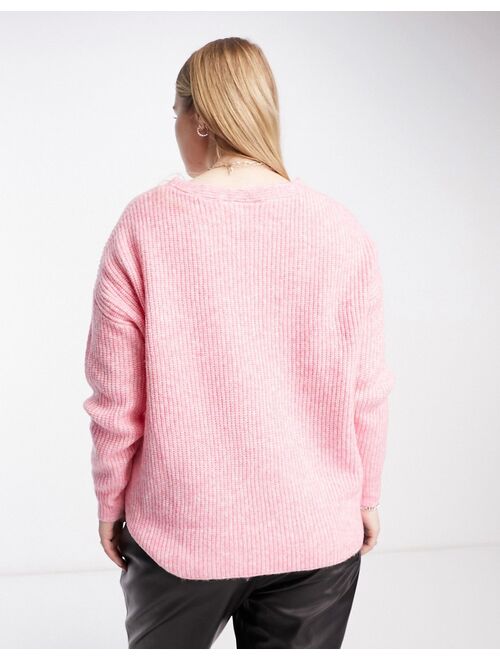 Only Curve textured v neck sweater in pink