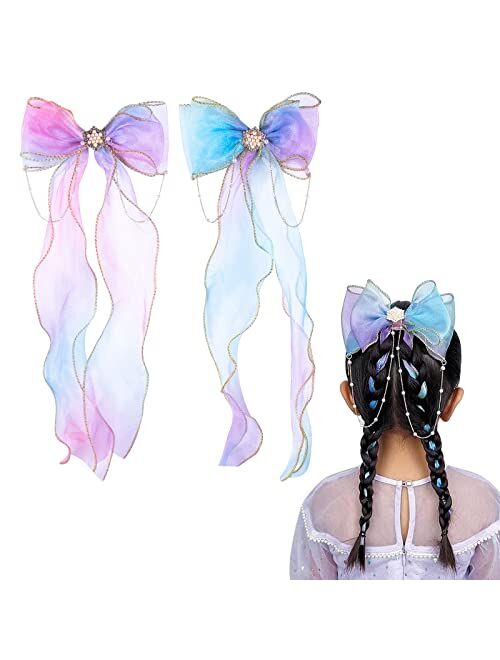 Bviie 2 PCS Bow Hair Clips for Women, Soft Long Tail Large Bow Hair Slides, Metal Spring Clip Vintage Silk Headbands, Elegant Hair Accessories, Gifts for Women Girl, Flow