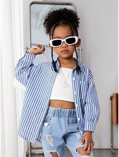 SHEIN Kids Cooltwn Young Girl'S Sparkling Street-Style Spring Loose Fit Long Sleeve Woven Striped Shirt