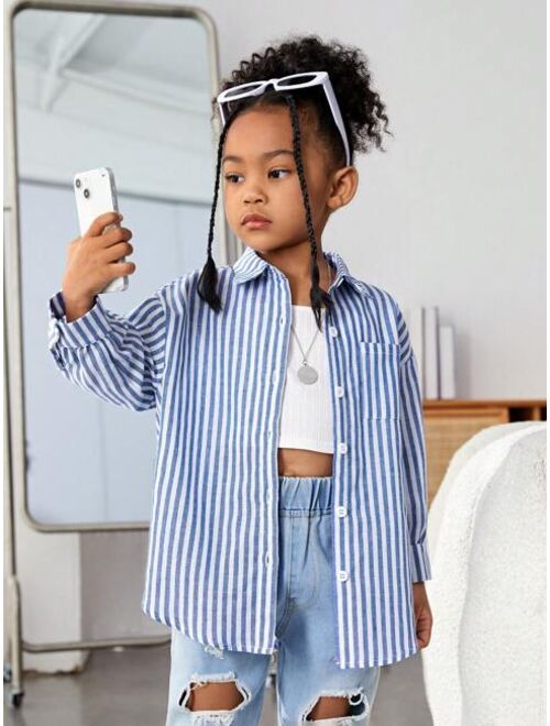 SHEIN Kids Cooltwn Young Girl'S Sparkling Street-Style Spring Loose Fit Long Sleeve Woven Striped Shirt