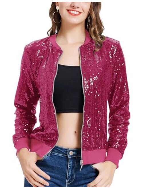 KANCY KOLE Womens Sequin Jacket Casual Long Sleeve Front Zip Party Bomber Blazer with Pockets S-2XL