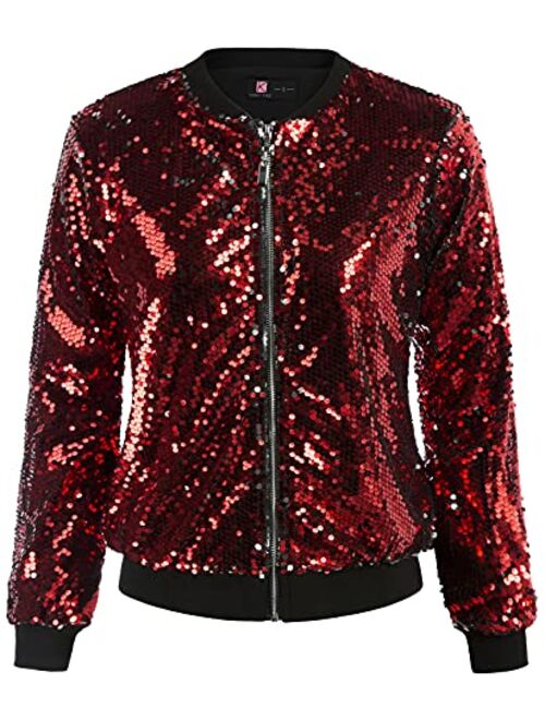 KANCY KOLE Womens Sequin Jacket Casual Long Sleeve Front Zip Party Bomber Blazer with Pockets S-2XL