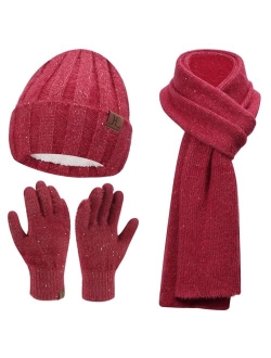 Fz Fantastic Zone Womens Winter Warm Knit Beanie Hat Touchscreen Gloves Long Neck Scarf Set with Fleece Lined Skull Caps Gifts for Women Men