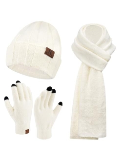 Fz Fantastic Zone Womens Winter Warm Knit Beanie Hat Touchscreen Gloves Long Neck Scarf Set with Fleece Lined Skull Caps Gifts for Women Men