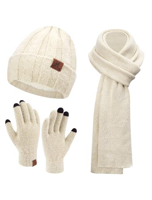 Fz Fantastic Zone Womens Winter Warm Knit Beanie Hat Touchscreen Gloves Long Neck Scarf Set with Fleece Lined Skull Caps Gifts for Women Men