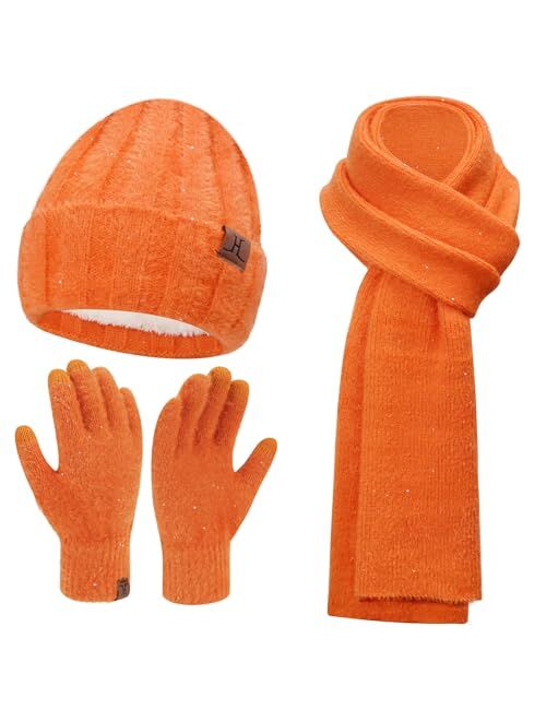 Fz Fantastic Zone Womens Winter Warm Knit Beanie Hat Touchscreen Gloves Long Neck Scarf Set with Fleece Lined Skull Caps Gifts for Women Men