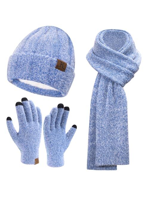 Fz Fantastic Zone Womens Winter Warm Knit Beanie Hat Touchscreen Gloves Long Neck Scarf Set with Fleece Lined Skull Caps Gifts for Women Men