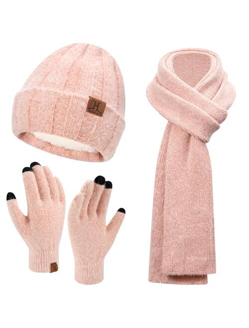 Fz Fantastic Zone Womens Winter Warm Knit Beanie Hat Touchscreen Gloves Long Neck Scarf Set with Fleece Lined Skull Caps Gifts for Women Men