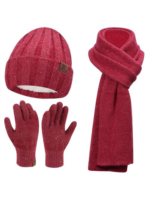 Fz Fantastic Zone Womens Winter Warm Knit Beanie Hat Touchscreen Gloves Long Neck Scarf Set with Fleece Lined Skull Caps Gifts for Women Men