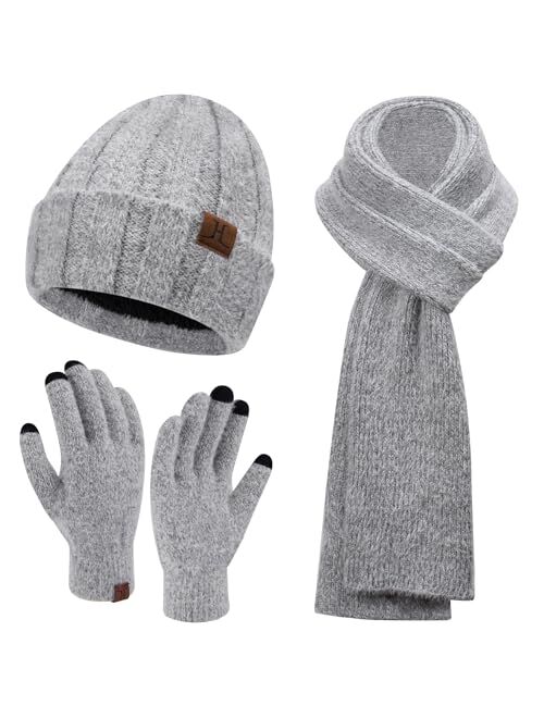 Fz Fantastic Zone Womens Winter Warm Knit Beanie Hat Touchscreen Gloves Long Neck Scarf Set with Fleece Lined Skull Caps Gifts for Women Men