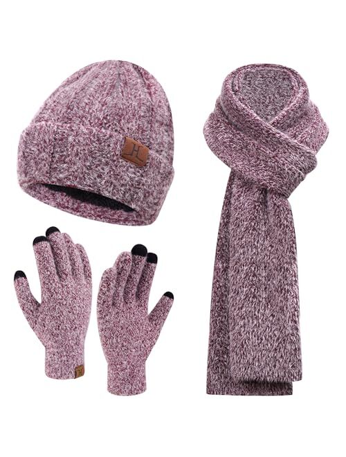 Fz Fantastic Zone Womens Winter Warm Knit Beanie Hat Touchscreen Gloves Long Neck Scarf Set with Fleece Lined Skull Caps Gifts for Women Men