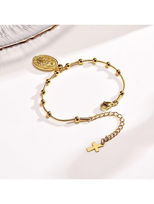 MEALGUET Rosary Bracelet for Women : Gold Plated Stainless Steel Religious Cross and Virgin Mary Prayer Bracelets for Girls, First Communion Gifts for Girls, Faith Miracu