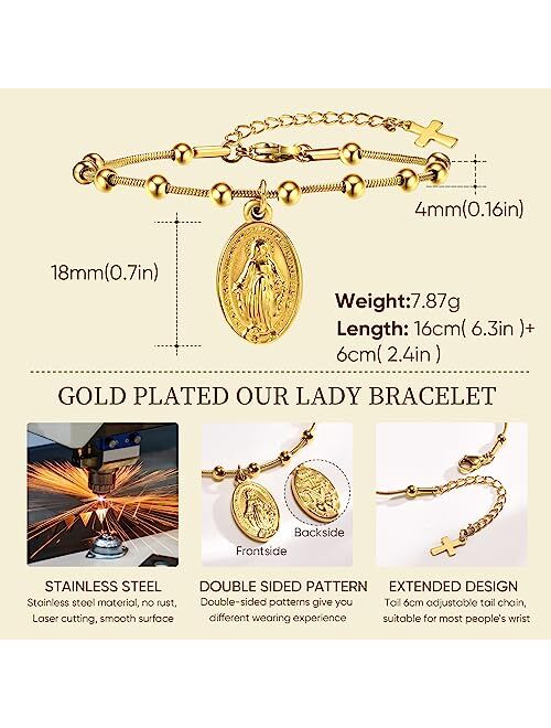 MEALGUET Rosary Bracelet for Women : Gold Plated Stainless Steel Religious Cross and Virgin Mary Prayer Bracelets for Girls, First Communion Gifts for Girls, Faith Miracu