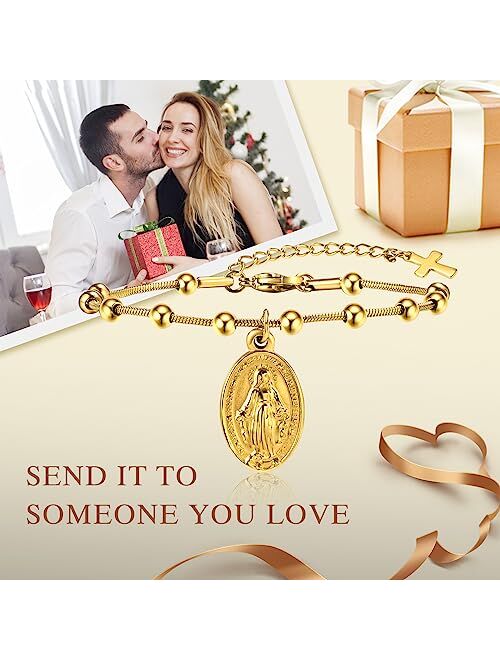 MEALGUET Rosary Bracelet for Women : Gold Plated Stainless Steel Religious Cross and Virgin Mary Prayer Bracelets for Girls, First Communion Gifts for Girls, Faith Miracu