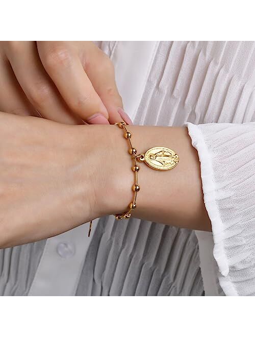 MEALGUET Rosary Bracelet for Women : Gold Plated Stainless Steel Religious Cross and Virgin Mary Prayer Bracelets for Girls, First Communion Gifts for Girls, Faith Miracu