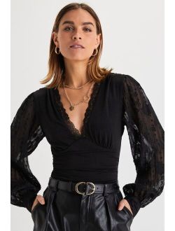 True Chic Black Lace Jacquard Long Sleeve Bodysuit