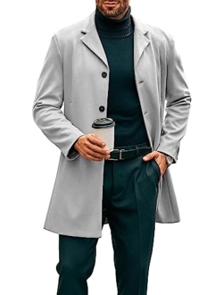 PASLTER Mens Mid Long Trench Coat Slim Fit Winter Pea Coat Single Breasted Business Overcoat