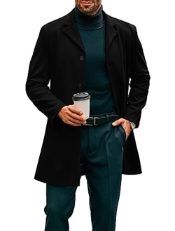 PASLTER Mens Mid Long Trench Coat Slim Fit Winter Pea Coat Single Breasted Business Overcoat