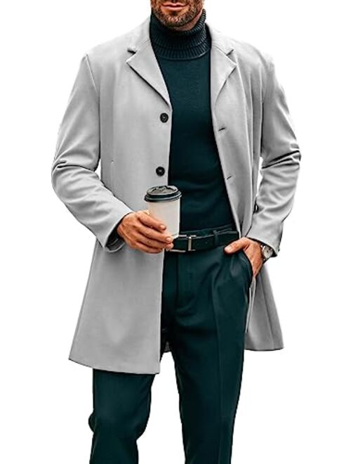 PASLTER Mens Mid Long Trench Coat Slim Fit Winter Pea Coat Single Breasted Business Overcoat