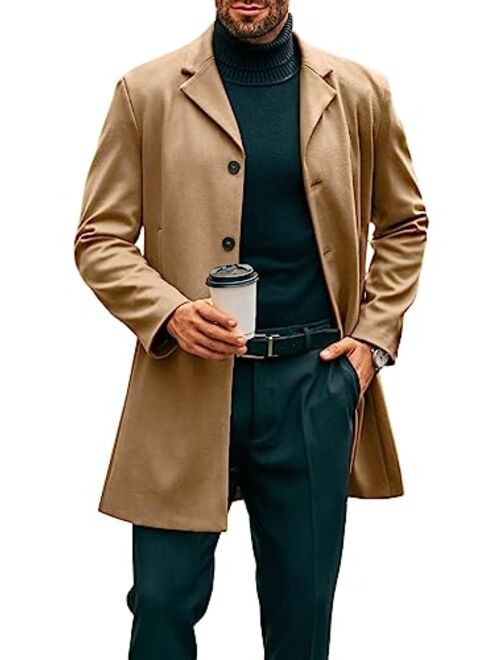 PASLTER Mens Mid Long Trench Coat Slim Fit Winter Pea Coat Single Breasted Business Overcoat