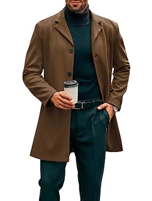 PASLTER Mens Mid Long Trench Coat Slim Fit Winter Pea Coat Single Breasted Business Overcoat