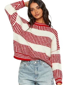 Women's Fall Winter Color Block Striped Sweater Crew Neck Sweaters Casual Loose Knitted Sweater