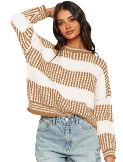 Women's Fall Winter Color Block Striped Sweater Crew Neck Sweaters Casual Loose Knitted Sweater