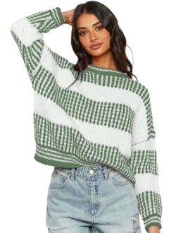 Women's Fall Winter Color Block Striped Sweater Crew Neck Sweaters Casual Loose Knitted Sweater