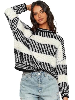 Women's Fall Winter Color Block Striped Sweater Crew Neck Sweaters Casual Loose Knitted Sweater