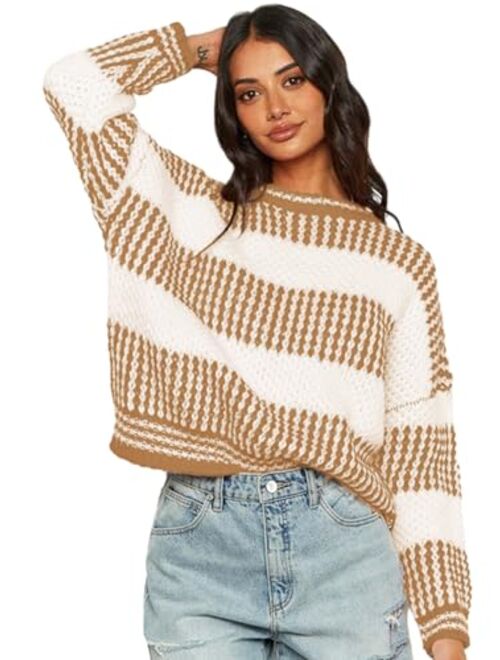 ZAFUL Women's Fall Winter Color Block Striped Sweater Crew Neck Sweaters Casual Loose Knitted Sweater